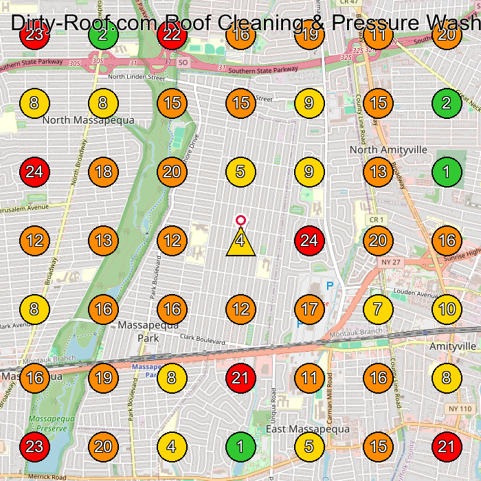 Dirty-Roof.com Roof Cleaning & Pressure Washing Service Pressure Washing Service GeoGrid ranking map for Massapequa Park NY